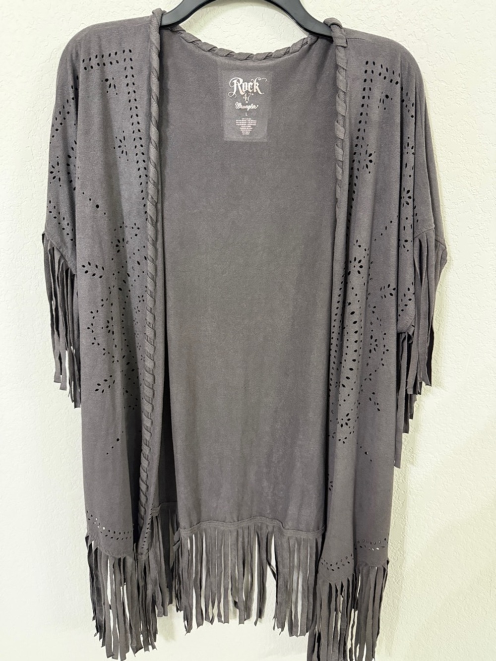 Rock 47 by Wrangler Charcoal Gray Fringe Faux Suede Duster